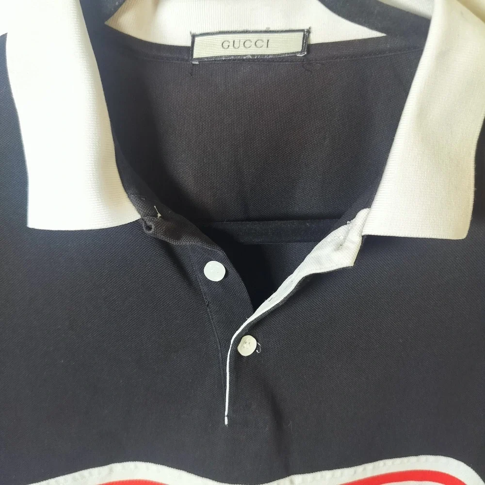 Gucci Mens Interlocking‎ G Striped Polo Shirt Black Red White Short Sleeve